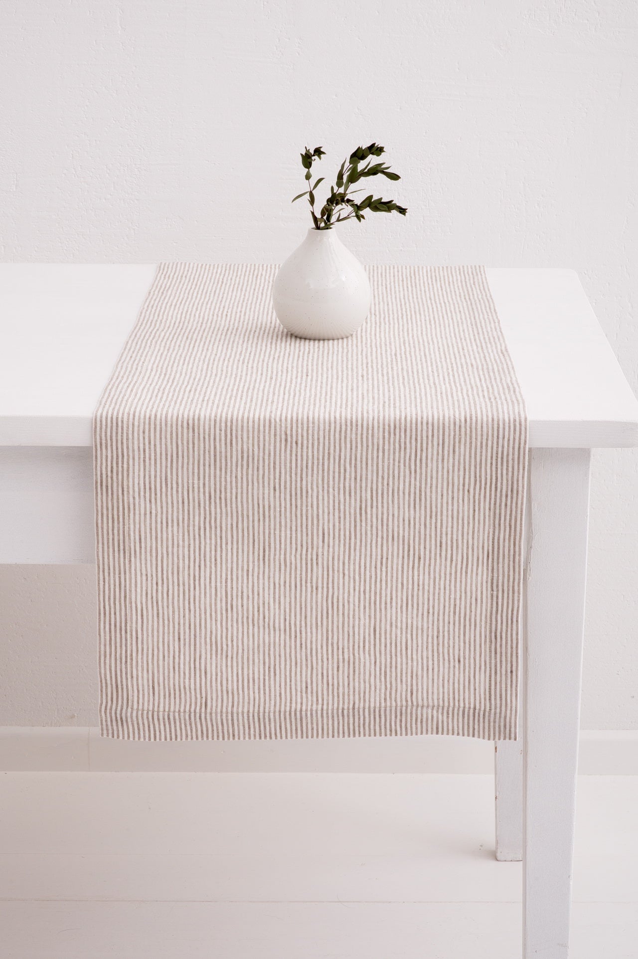 Linen table runner with mittered corner. Striped White Pure Linen