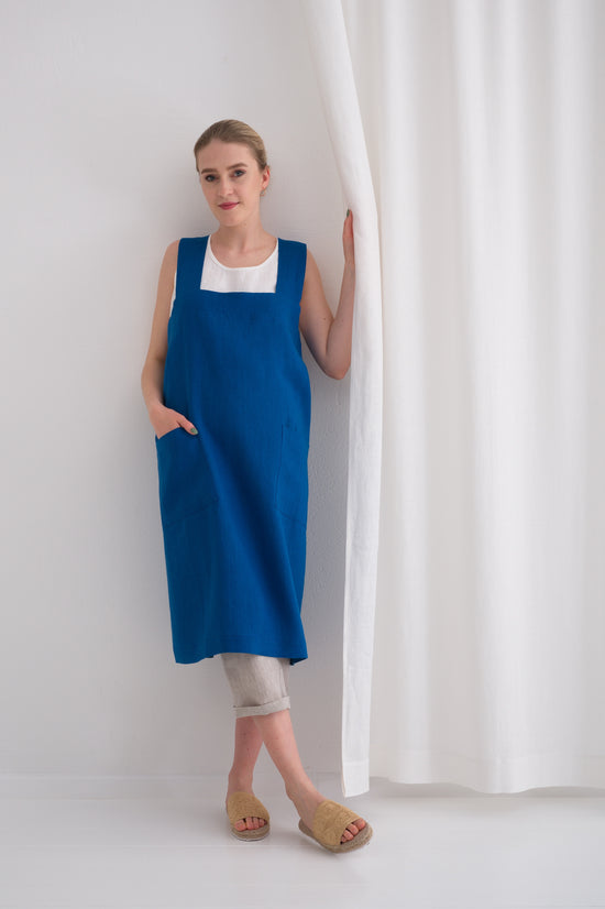 blue linen japanese style apron 